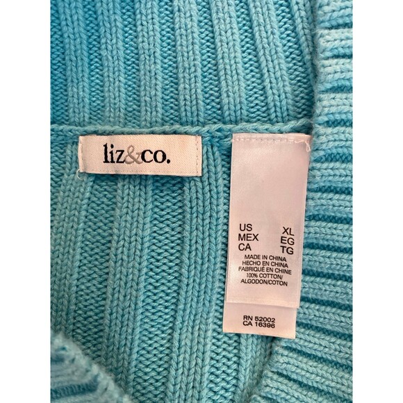 Liz & Co Sweater Size XL Cable & Rib Knit V Neck Collar Pockets Turquoise Blue - Picture 9 of 11